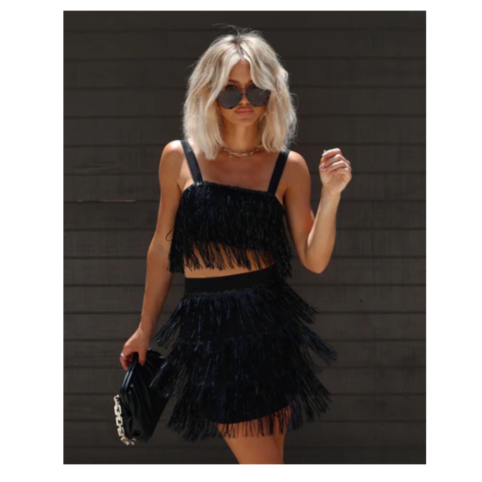 Fancy Rodeo Sequin Fringe Top And Mini Skirt Set